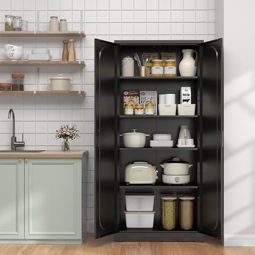UNICOLY 71" Kitchen Pantry Cabinet, Kitchen Pantry Storage Cabinet with Doors and 4 Shelves, Metal Storage Cabinets for Laundry Room, Living Room, Dinning Room, Assembly Required, Black
