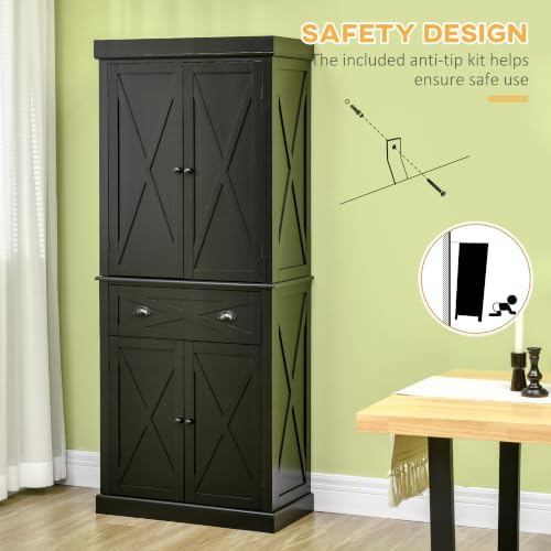 HOMCOM 72" Kitchen Pantry Storage Cabinet with 4 Doors, X-Frame, Black