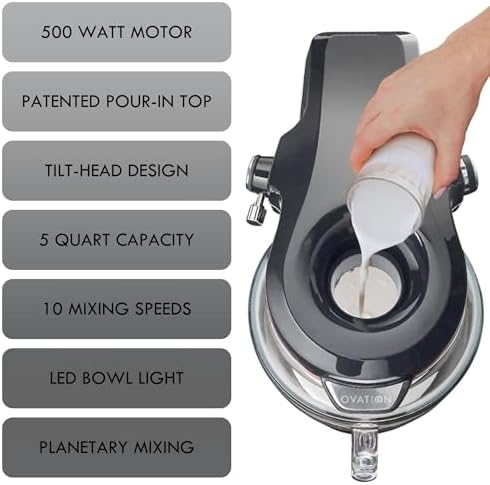 Kenmore Elite Ovation 5 Qt Stand Mixer, 500 Watts, with Revolutionary Pour-In Top, Tilt Head, Flat Beater, Whisk, Dough Hook, 360-degree Splash Guard, Glass Bowl, LED Light, Metallic Grey
