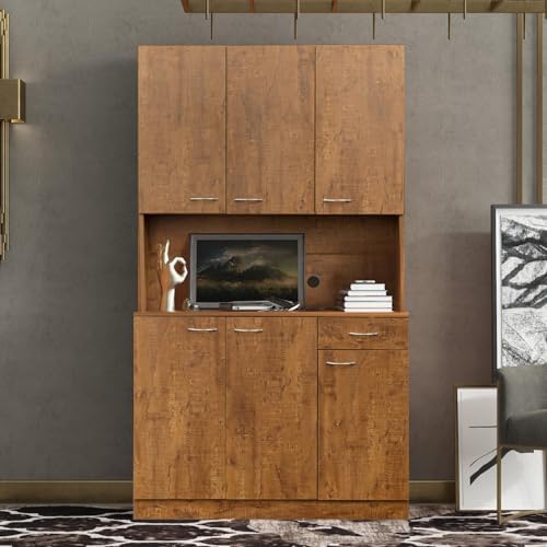 KEIKI 70.87" Tall Kitchen Pantry Storage Cabinet with Countertop, 6-Doors, 1 Drawers, Microwave Stand and Shelves, Freestanding Wood Hutch Food Pantries Cupboard for Coffee Bar, Dining Room