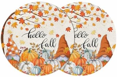 Fall Round Placemats Set of 2 Thanksgiving Autumn Maple Leaves Gnome Place Mats Washable Woven Placemat Hello Fall Harvest Pumpkin Circle Braided Table Mat for Kitchen Holiday Party Decor 15 Inch
