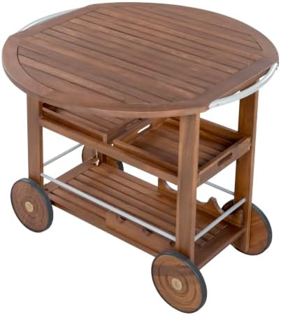 Merax Outdoor Acacia Wood Bar Cart Aluminum Accents with Drop Leaf and Removable Trays for Garden,Patio