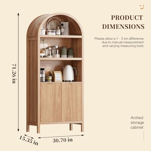 Ieejdn 71" Tall Arched Kitchen Pantry,Modern Fluted Wood Storage Cabinet with Doors,Adjustable Shelves,Organizer, Versatile Cupboard for Kitchen,Living Room,Dining Room,Bathroom,Wood