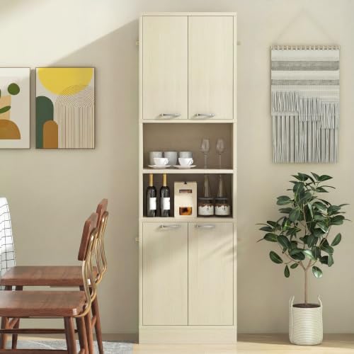 GIANTEX Kitchen Pantry Cabinet, 75'' Tall Freestanding Cupboard with Doors & Shelves, Safety Hinges & Anti-Tipping Devices, Storage Sideboard for Dining Room, Living Room (Light Oak)