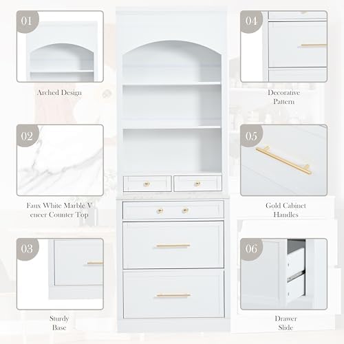 Merax Modern 83.7inch Freestanding Kitchen Hutch with Faux Marble Top, Kitchen Pantry with 5 Storage Drawers and Adjustable Shelf, Set of 2, White