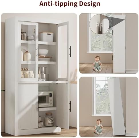 Farmhouse Kitchen Pantry Storage Cabinet, 70.5" Tall Wood Cupboard with 4 Doors and Adjustable Shelves, Rustic White Freestanding Organizer for Kitchen, Dining Room, White
