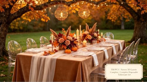 Festiva 350Pcs Rose Gold Plastic Plates - Clear Rose Gold Disposable Dinnerware Sets for 50Guests include 100 Plates 50 Cups 50Plastic Cutlery 50Napkins for Fall Party&Wedding& Bridal Shower