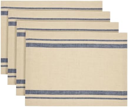 Solino Home 100% Linen Placemats, 14 x 19 in, Navy, French Stripe, Set of 4