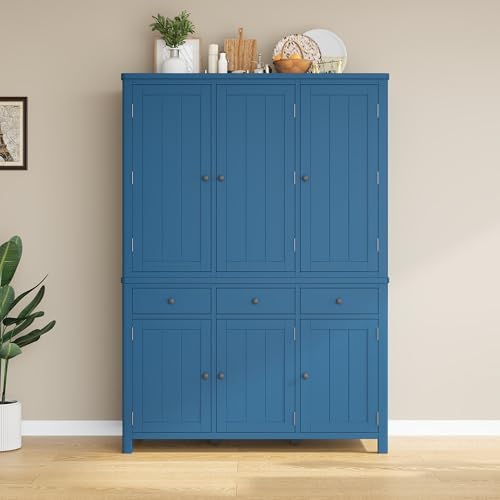 Merax 74.8'' Tall Kitchen Pantry Storage Cabinet with 6 Doors, 3 Drawers and Adjustable Shelves, Freestanding Large Cupboard & Pull-Out Trays for Kitchen, Dining Room, Living Room, Blue