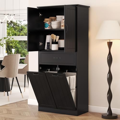 Merax 65.8" Pantry Cabinet with Two Doors & One Drawer & Two Laundry Hampers, Adjustable Shelves Storage Cupboard for Kitchen/Dining Room/Bathroom, Black