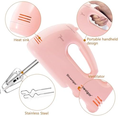 Handmixer Electric Handheld - 7 Speed Portable Kitchen Mixer Electric with 5 Stainless Steel Accessories Whisk, Food Beater for Whipping Mixing Cookies Cakes Eggs, Pink