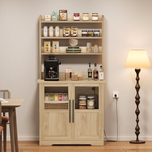 IDEALHOUSE Bakers Rack with Storage Cabinet, Microwave Stand with Power Outlets, Farmhouse Bakers Rack with Thick Table Top, Small Kitchen Bakers Rack for Kitchen,Dining Room,Peer Wood
