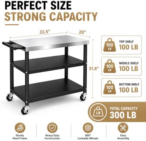 100% Stainless Steel Outdoor Grill Table, Heavy Duty BBQ Rolling Grill Cart for Patio Backyard Pizza Oven