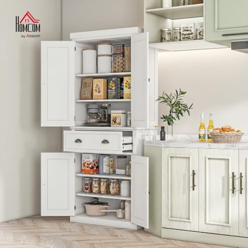 HOMCOM 72" Traditional Kitchen Pantry Cabinet, Freestanding Tall Storage Cabinet with 4 Doors, Drawer and 3 Adjustable Shelves for Dining Room, Cream White