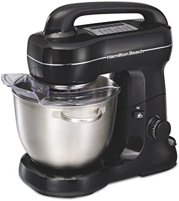Hamilton Beach Electric Stand Mixer, 4 Quarts, Dough Hook, Flat Beater Attachments, Splash Guard 7 Speeds with Whisk, Black with Top Handle and Hamilton Beach 6-Speed Electric Hand Mixer with Whisk, Traditional Beaters, Snap-On Storage Case, White