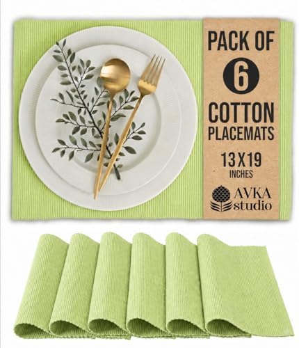 100% Cotton Ribbed Placemats - Set of 6-13 x 19 Inches - Light Lime Green - Everyday Cloth Table Mats - Thick Construction, Washable Reusable Cloth Place Mat - by AVKA Studio