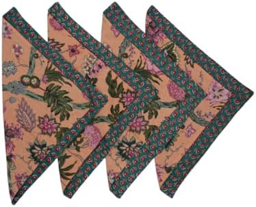 Cotton Block Print Quilted Reversible Placemats with Napkins, Floral Design, Dining Table Decor for Everyday Use, Set of 4 (Teal/Orange)