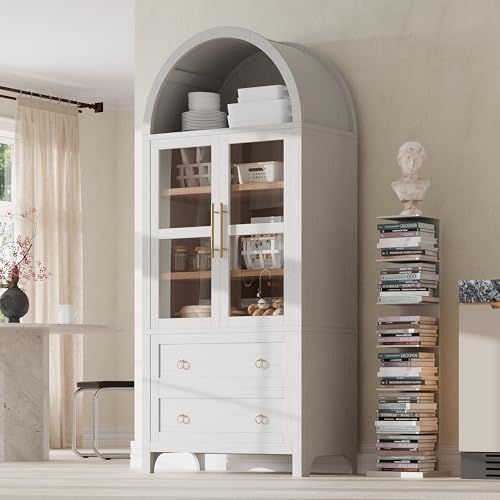Merax 71" Tall Arched Farmhouse Pantry Cabinet with Glass Doors & 2 Large Drawers - Adjustable Shelves, Modern Kitchen Storage Cupboard for Dining Room, Living Room (30" W x 15.75" D), White
