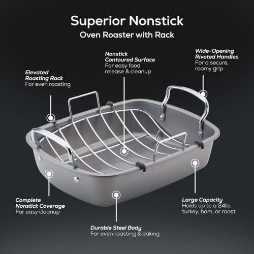 Circulon Total Bakeware Nonstick Roaster, Roasting Pan with Rack, 17-Inch x 13-Inch, Gray