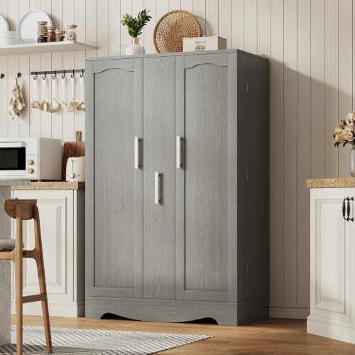 kepptory 47" Kitchen Pantry Cabinet with Drawer, Freestanding Food Storage Cabinet with Doors and Adjustable Shelves, Floor Cupboard Organizer for Dining Room Gray