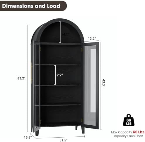 Garvee Arched Cabinet with Glass Doors, 5-Tier Kitchen Pantry Cabinet with Adjustable Shelves, Farmhouse Display Storage Cabinet for Dining Room, Living Room, Black