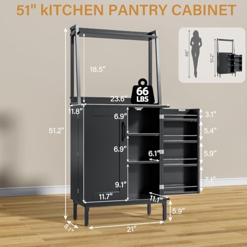 kepptory 51" Kitchen Baker's Rack with Storage, Microwave & Toaster Oven Stand, Freestanding Coffee Bar Station with Wine Glass Holder & Side Storage Shelves, Black