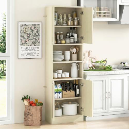 GIANTEX Kitchen Pantry Cabinet, 75'' Tall Freestanding Cupboard with Doors & Shelves, Safety Hinges & Anti-Tipping Devices, Storage Sideboard for Dining Room, Living Room (Light Oak)