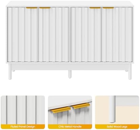 FansaFurn 50'' Buffet Cabinet with Fluted Door and Adjustable Shelves, Wood Credenzas Coffee Bar Cabinet with Edge Pull, Modern Sideboard for Kitchen, Dining Room, Living Room, White