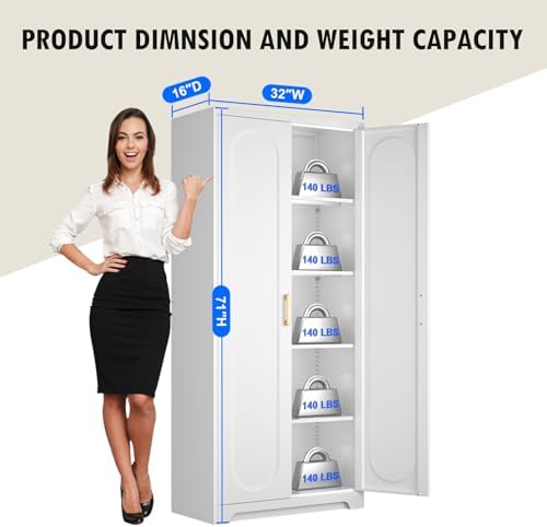 Polup 71" White Metal Kitchen Pantry Storage Cabinet with Doors and Shelves