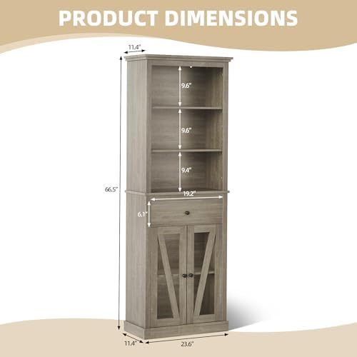 Garvee Kitchen Pantry Cabinet, Pantry with Adjustable Shelves, Farmhouse Cabinet for Living Room, Bathroom, Grey