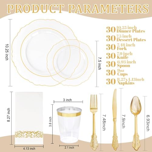 KIRE 210Pcs Clear Plastic Plates with Gold Rim for Wedding/Party