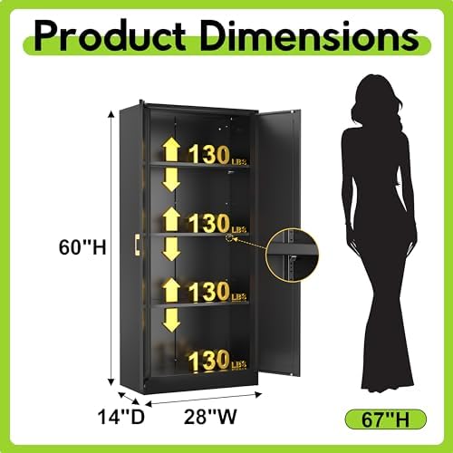 UNICOLY Metal Kitchen Pantry Cabinet, Storage Cabinet with Doors and Shelves, Cupboard with Adjustable Leveling Foot, for Laundry, Living Room, Bathroom, Dinning Room, Assembly Required, Black 60" H