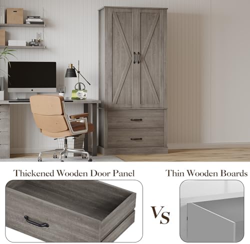 Takywep Freestanding Farmhouse Pantry Cabinet with Barn Doors, Adjustable Shelves & Large Drawers,Versatile Kitchen Storage Cupboard for Dining or Living Room,Pastoral Gray