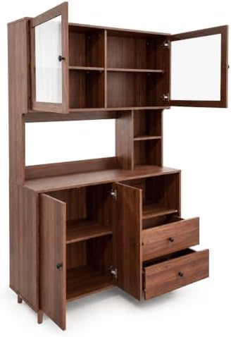 KEIKI 67" H Kitchen Pantry Storage Cabinet with Countertop, Glass Doors