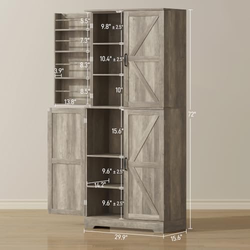 HOMCOM 72" Farmhouse Kitchen Pantry Cabinet, Tall, 4 Barn Doors, Gray Wash
