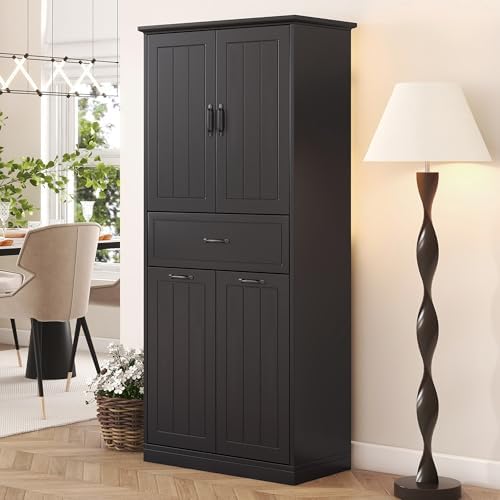 Merax 65.8" Pantry Cabinet with Two Doors & One Drawer & Two Laundry Hampers, Adjustable Shelves Storage Cupboard for Kitchen/Dining Room/Bathroom, Black