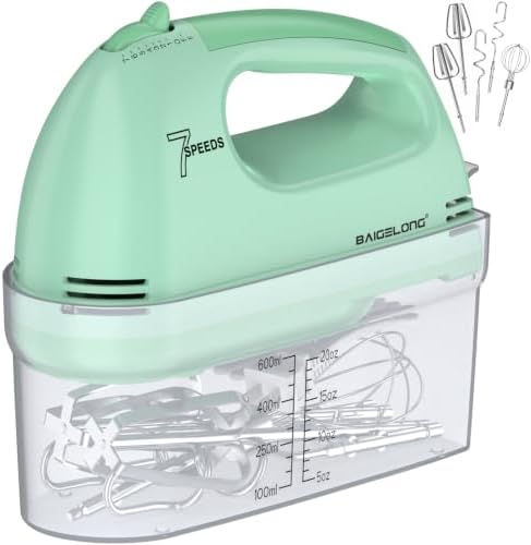 BAIGELONG Hand Mixer. 7-Speed Adjustable Kitchen Electric Mixer. With 5 Stainless Steel Attachments: 2 Hooks, 2 Beaters, 1 Whisk. Comes 1 Storage Box. Perfect for Bakers and New Starters, Green