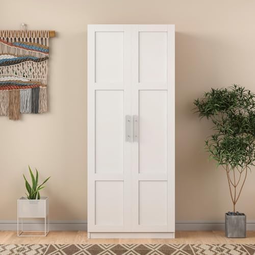 KEIKI 70.87" Tall Kitchen Pantry Storage Cabinet with 2 Door and Shelves, Freestanding Wood Hutch Food Pantries Cupboard for Coffee Bar, Dining Room, Living Room, White