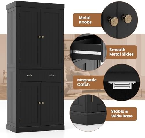 GIANTEX Pantry Organizers and Storage, 72" Tall Kitchen Cabinet with 2-Door Cabinets & Drawer, Buffet Sideboard w/Adjustable Shelves, Wooden Freestanding Cupboard for Dining Room Living Room (Black)