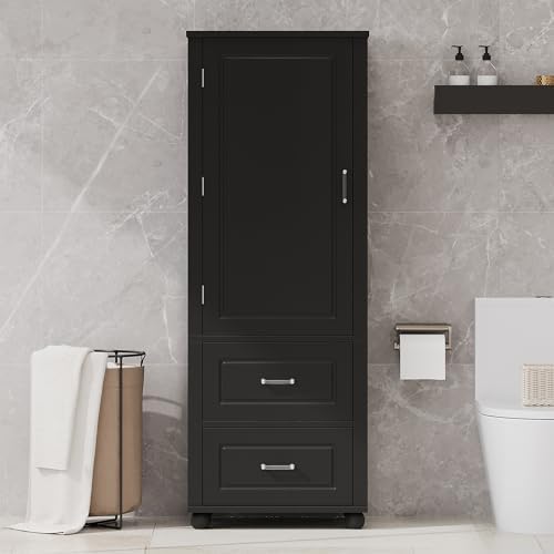 Merax 61.4" Pantry Cabinet with One Door & Two Drawers, Adjustable Shelves Storage Cupboard for Kitchen/Dining Room/Bathroom, Soild Wood Legs, Black