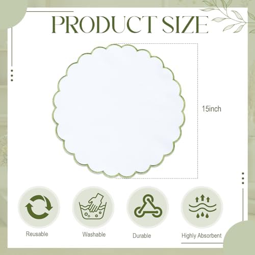 Set of 24 White Cotton Placemats 15" Round Scalloped Green