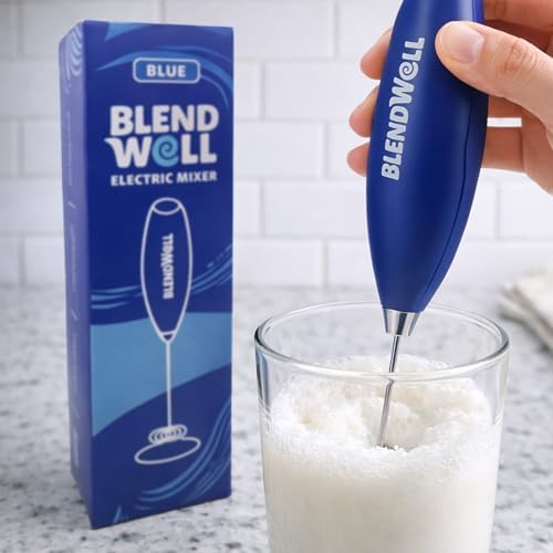 BlendWell Electric Milk Frother for Matcha and Coffee, Handheld Battery Operated Drink Mixer with Stand, Stainless Steel Whisk, Blue