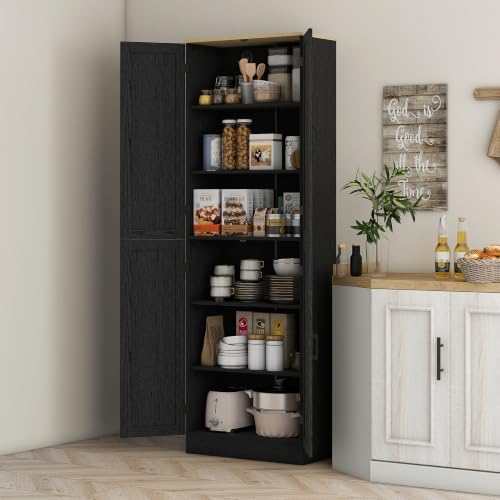 HOMCOM 67" Freestanding Kitchen Pantry 4-Door Cabinet Distressed Black