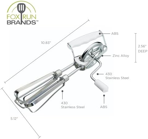 Fox Run Stainless Steel Manual Hand Mixer, White Retro Style Egg Beater