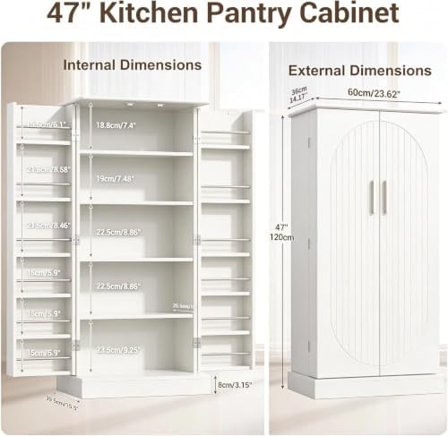 kepptory 47" Kitchen Pantry Cabinet, Freestanding Tall Storage Cabinet with Doors and Adjustable Shelves, Large Food Storage Organizer for Kitchen, Dining Room, Living Room, Farmhouse Cupboard, White