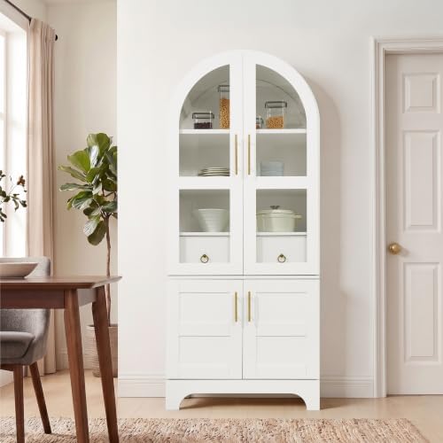 KEIKI 77" Arched Kitchen Pantry Cabinet with Glass Doors, White
