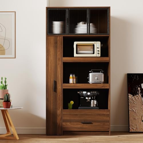 KEIKI 70.87" Tall Kitchen Pantry Storage Cabinet with Multi-Functional Pull-Out Shelf, Drawers, Glass Doors & Microwave Stand, Wood Hutch Food Pantries Cupboard for Coffee Bar, Dining Room