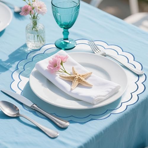 Set of 8 Cotton Linen Placemats, 15x15 Scalloped Flower Embroidery Cloth Table Mats Double Layered Fabric Machine Washable Wrinkle Free Dining Placemat for Restaurant Kitchen Decor, White with Blue