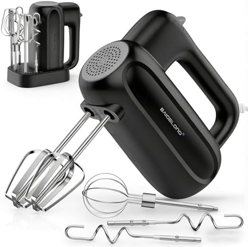 BAIGELONG Hand Electric Mixer, 5-Speed KitchenMixer with 5 * 304 Stainless Steel Attachments + Storage Base, 200W Portable Food Handheld Mixer for Baking, Whipping Cream, Cake Mixing, Gray/Black