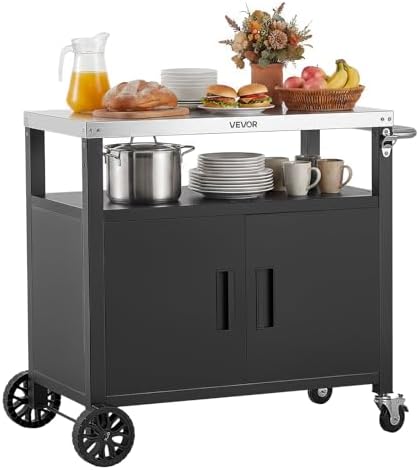 VEVOR Outdoor Grill Cart with Storage Cabinet, 36.4 Inch Grill Table, Waterproof Kitchen Island with Stainless Steel Top, Shelf, and Wheels, Movable Food Prep Station for Patio Bar Backyard BBQ